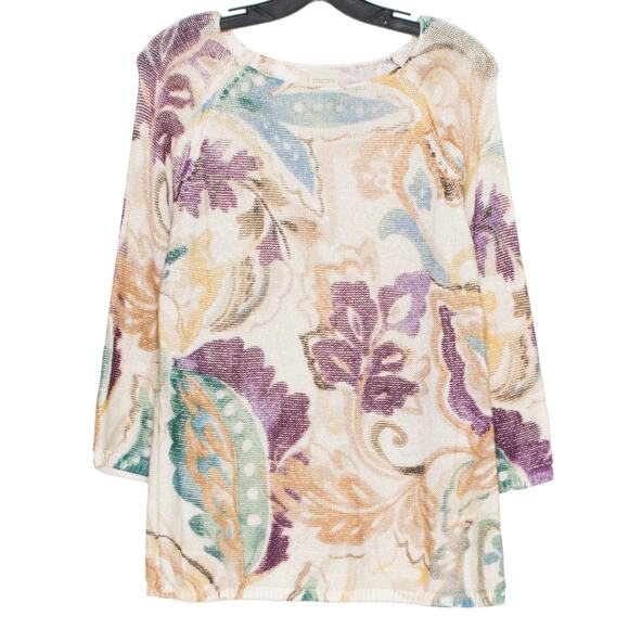 Chicos Womens Sweater 3/4 Sleeve Boho Retro Hippie Garden Art Folk 1 Medium 8 - Picture 5 of 5